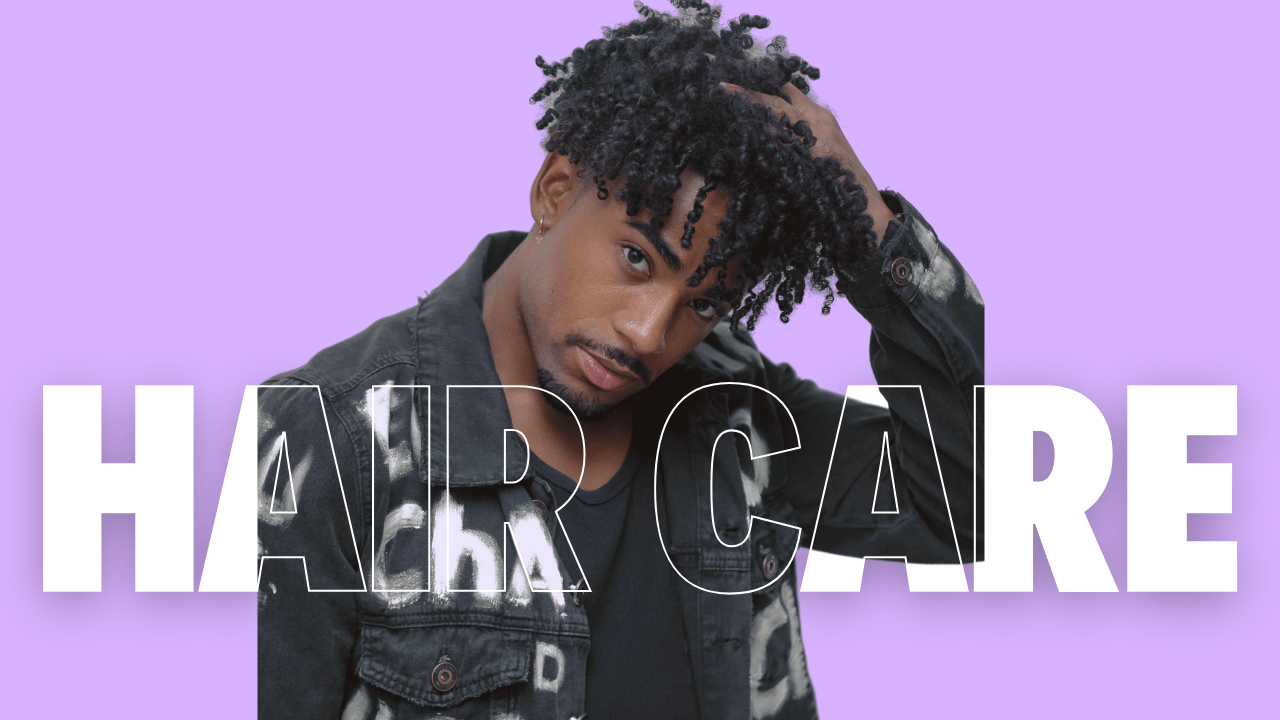 banner that says hair care and an image of a man with curly hair